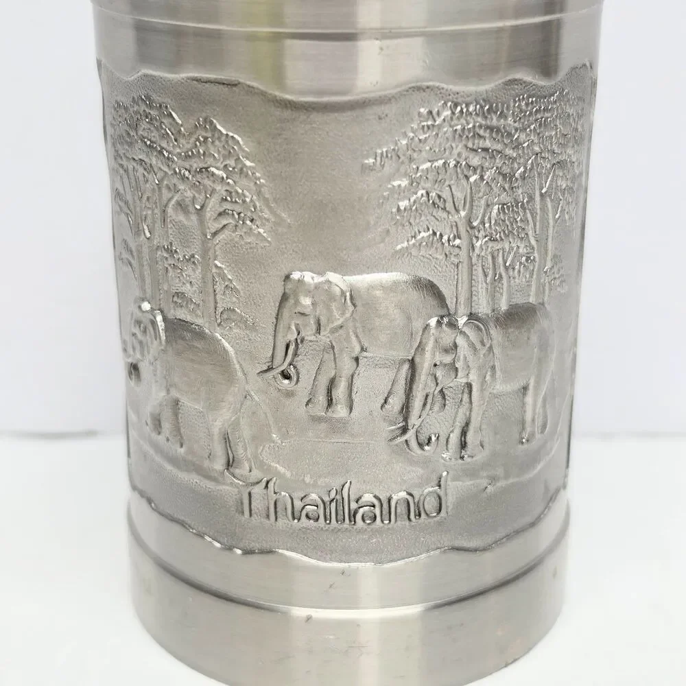 Vintage Bangkok Pewter Thailand Tea Coffee Caddy Container Elephants Embossed